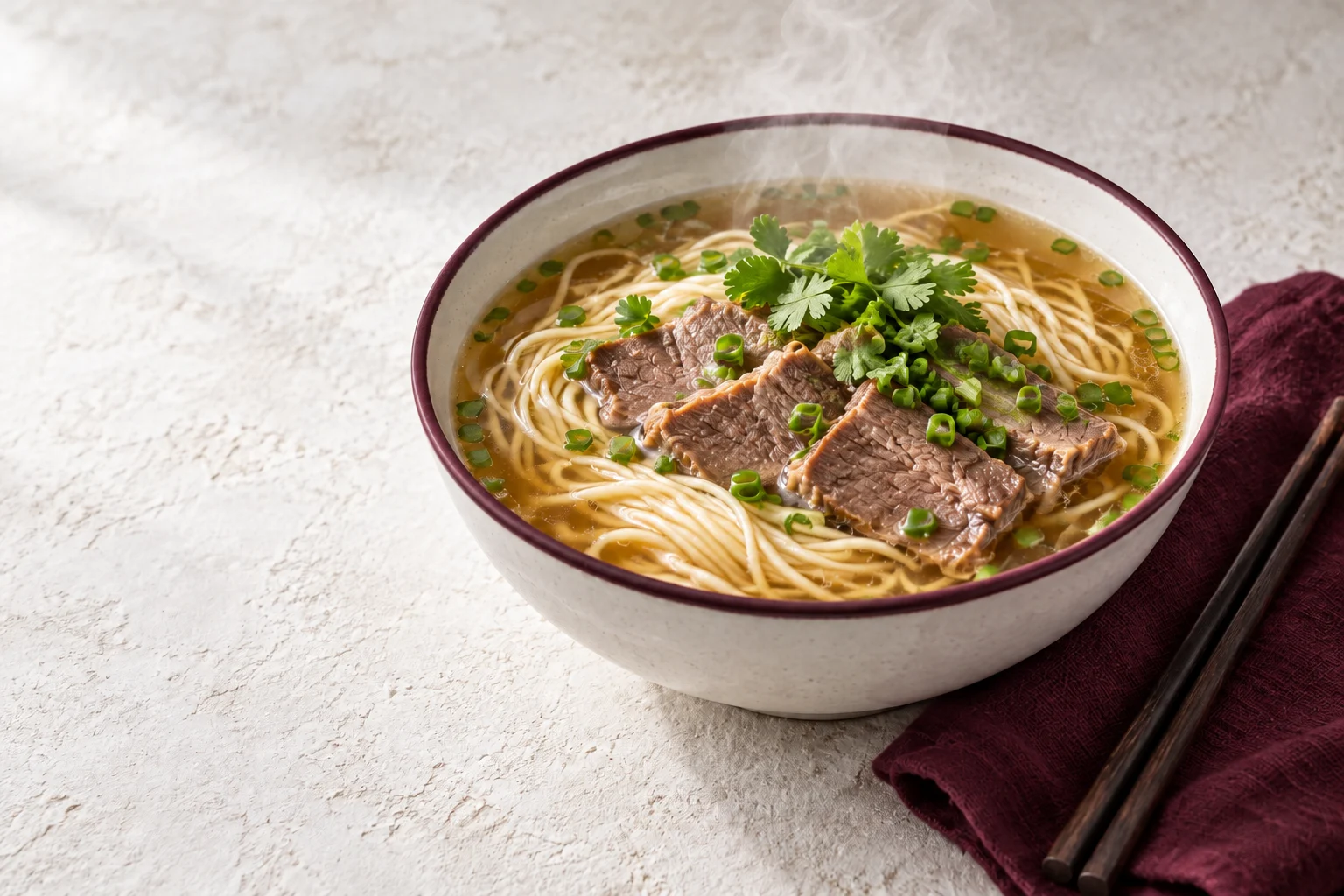 Bol de soupe de nouilles au bœuf et coriandre